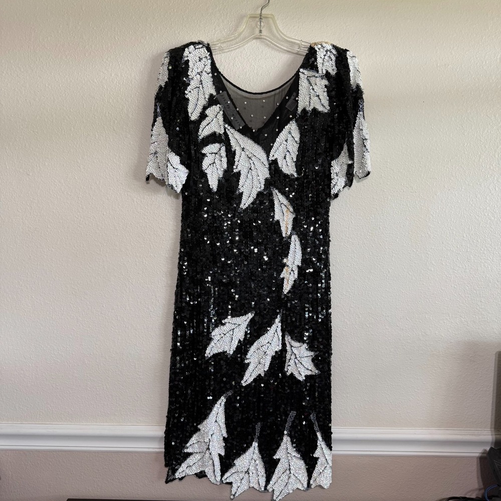 Lillie Rubin Sequin Evening Dress Women's Black White Leaf Beaded Cocktail VTG